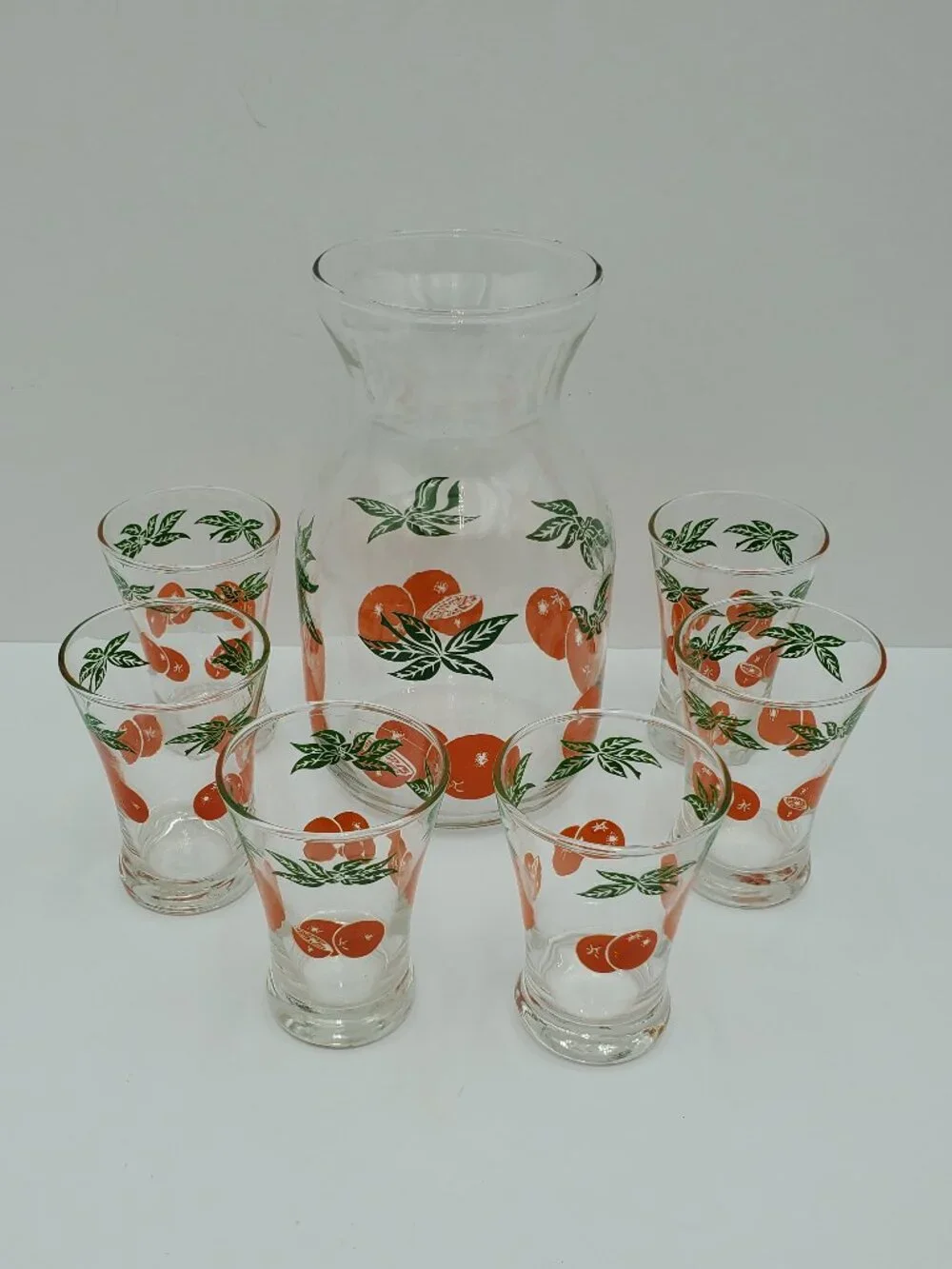 Anchor Hocking Orange Juice Drinking Glasses & Carafe OJ Pitcher & Glasses